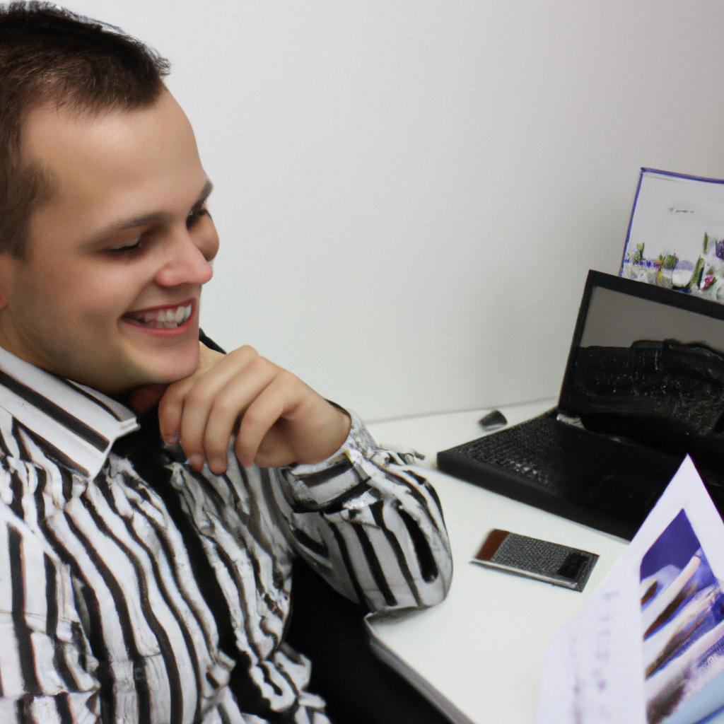 Person analyzing financial documents, smiling